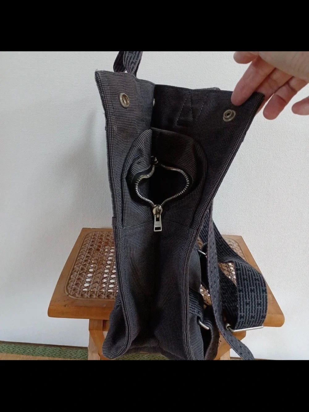 Hermes Black Canvas Messenger Tote with Signature Webbing